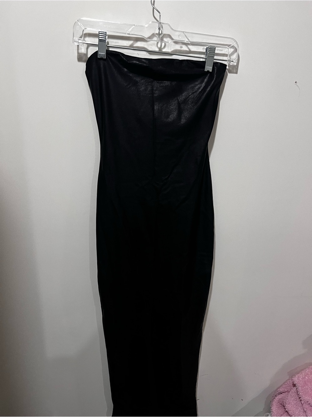 naked wardrobe Black Strapless pleather Midi Bodycon Dress